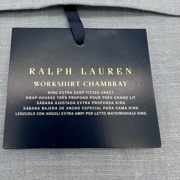 Ralph Lauren Workshirt Chambray Cotton King Size Extra Deep Fitted Sheet, Blue - Picture 7 of 12